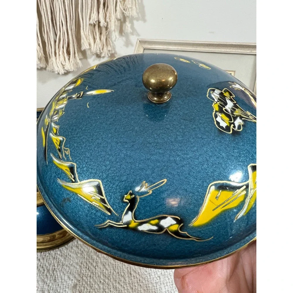 VTG Sabra Israel Hand-Painted Brass Enamel Covered Dish on Pedestal (3948)